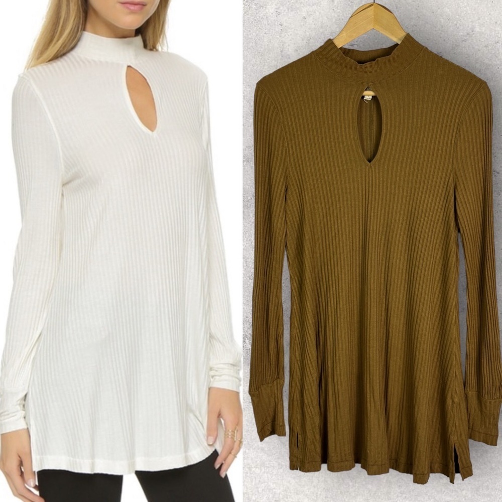 Free People Copa Banana Ribbed Knit Keyhole Tunic Top Size Small Mustard Boho S‎